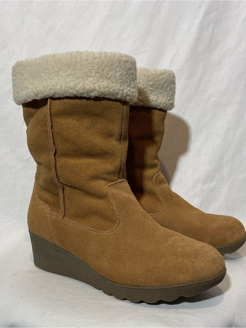 Lands’ End Suede Sherpa Wedge Boots Mid-Calf Tan Size 8.5